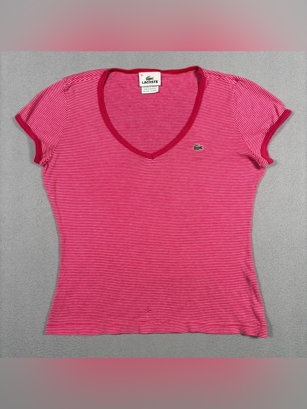 Lacoste Striped V-Neck Short Sleeve Top  Women’s 36 Small Pink White Croc Boho